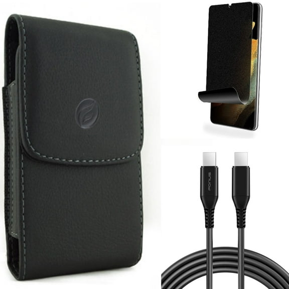 Privacy Screen Protector & 10ft Long USB-C Cable & Case Belt Clip for Samsung Galaxy S22 Plus (S22 ) - Combo TPU Film (Fingerprint Works) Anti-Peep & PD Fast Charger Cord Power Wire & Leather Holster