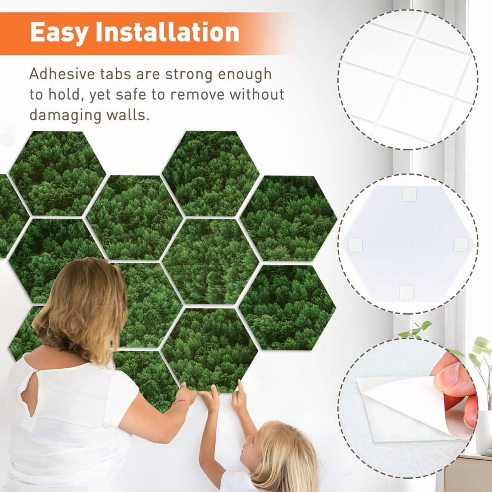 DOLLAR BOSS 12Pcs Self Adhesive Felt Board Tiles Wall Decor Hexagon Bulletin Board for Walls, Green Forest Pattern Print Felt Cork Pin Board for Pictures Photos Memos with Push Pins
