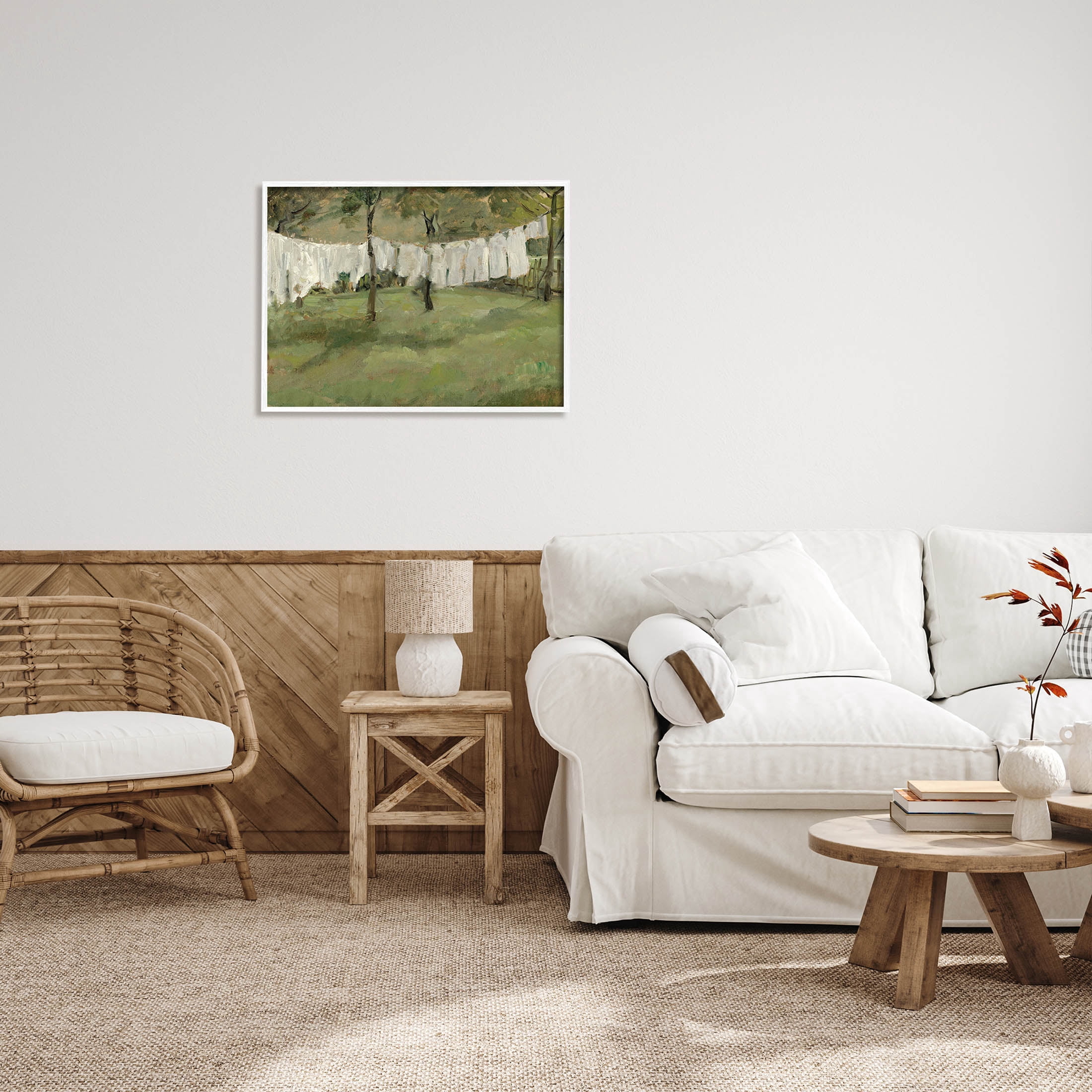 Soothing Yard Clothesline Scene Landscape Painting White Framed Art Print Wall Art