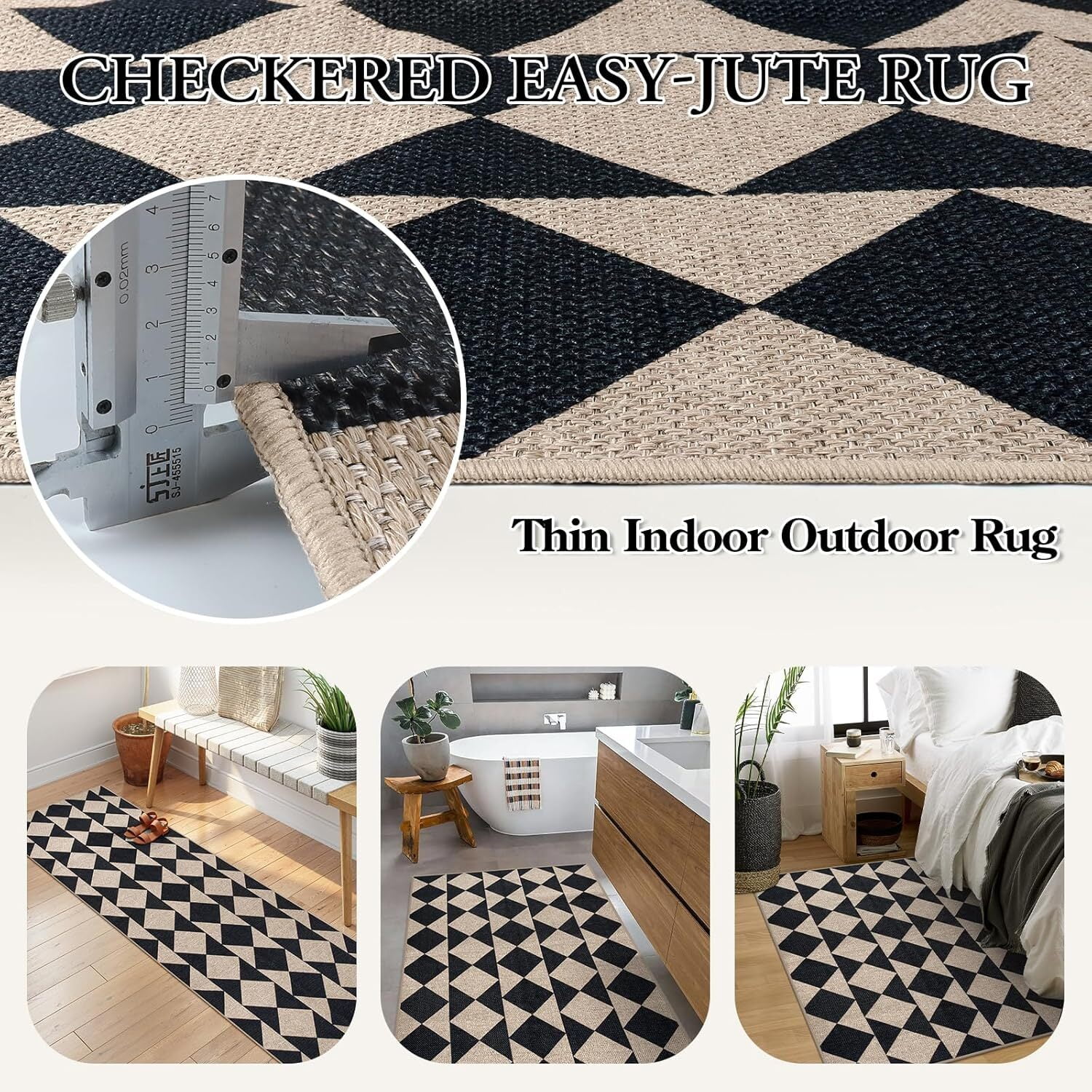 Lahome 3'x5' Checkered Easy Jute Area Rug,Outdoor Patio Rug Washable Rugs for Entryway Checkerboard Indoor Outdoor Living Room Classroom Rugs,Farmhouse Neutral Non Slip Black Carpet for Bedroom