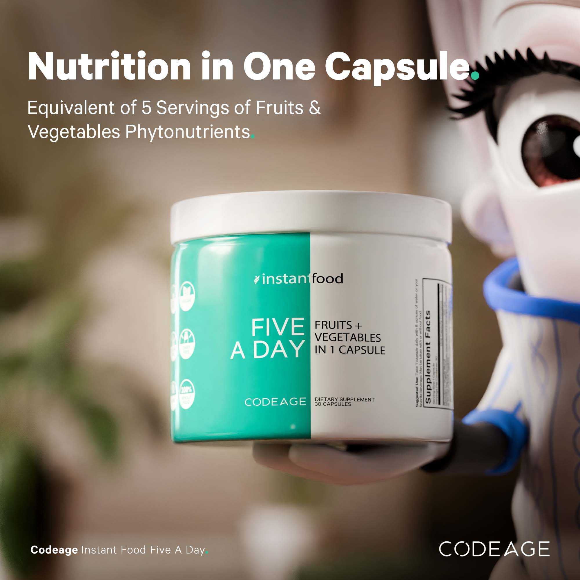 Codeage Instantfood Five a Day, 15 Fruits & Vegetables All-In-One Capsule, Whole Food Vegan Blend, 30 ct