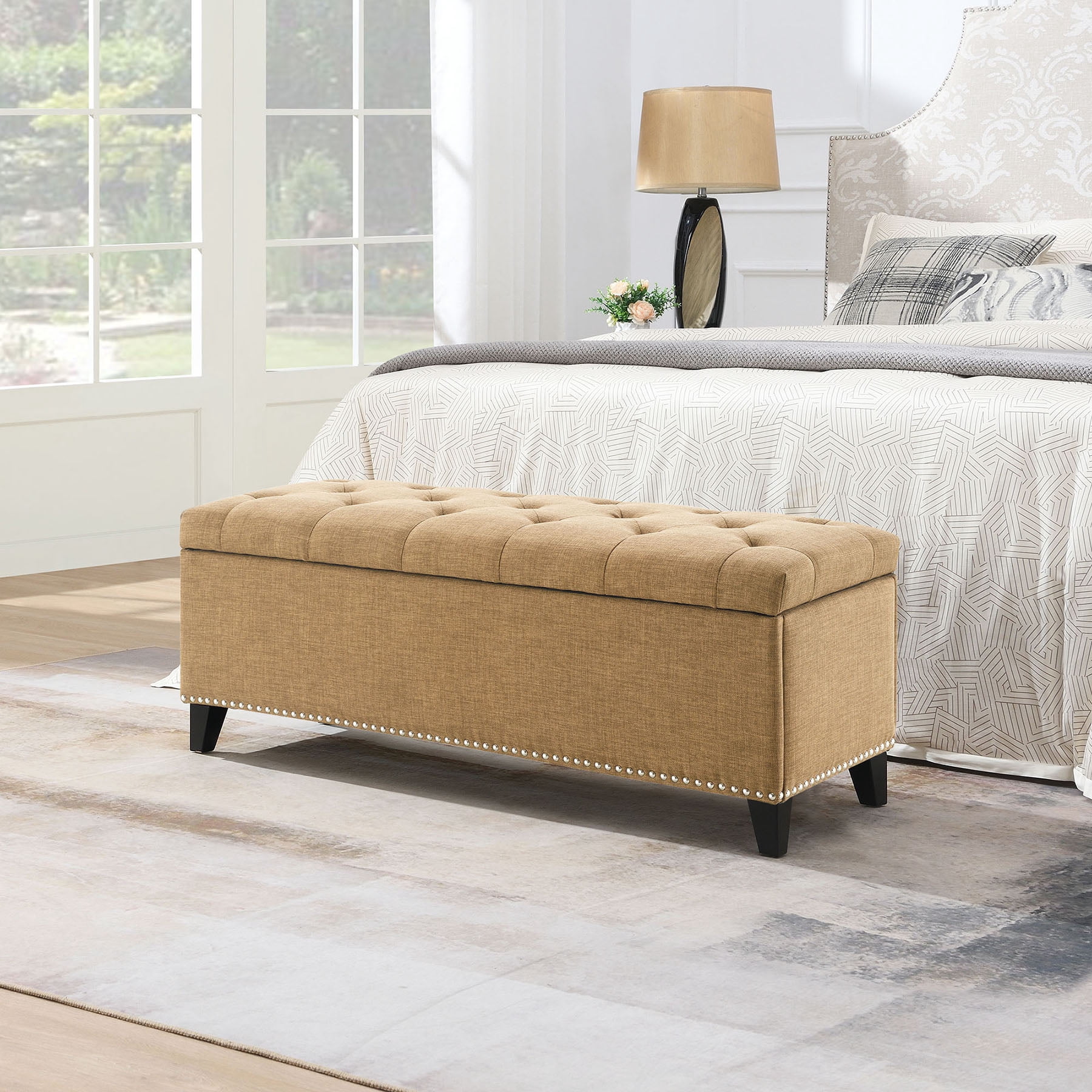 S-HOME Versatile 47.5-Inch Ottoman Storage Seat  with Safety Close Hinge, Teddy Upholstered Ottoman for Home Organization, Brown