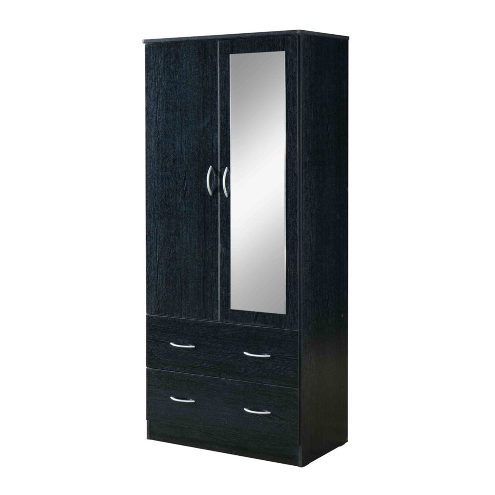 Hodedah Two Door Wardrobe with Two Drawers and Hanging Rod plus Mirror, Black