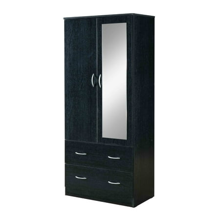 Hodedah Two Door Wardrobe with Two Drawers and Hanging Rod plus Mirror, Black