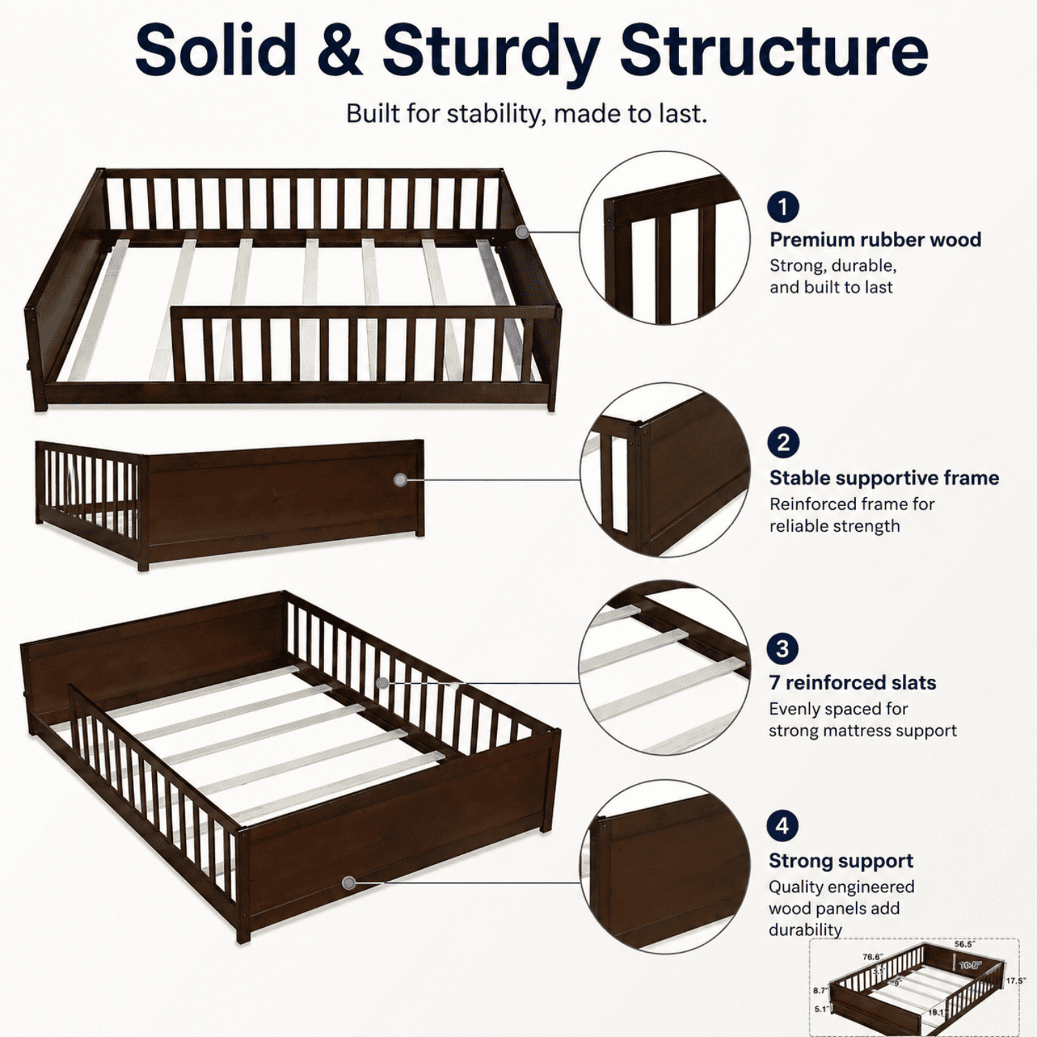 Miniyam Full Size Kids Floor Bed with Guardrails and Bookshelf, Wooden Low Profile Bed, Espresso