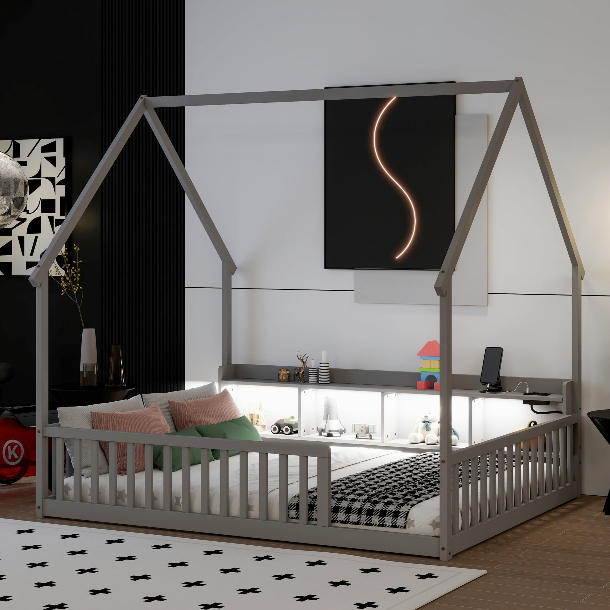 Leumius Full Size House Floor Bed with Storage Shelves,Built-in LED Lights & Charging Station,Pine Wood Floor Bed Frame with Safety Guardrails for Kids Bedroom Grey