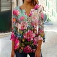 thumbnail image 2 of Women's Dressy Tops Vintage 3/4 Flare Sleeve Pleated Flowy Shirts Flouncy Blouse to Hide the Belly Summer Clothes Gradient Floral Print 1/4 Button up Blouse Henley Neck Tunic Multicolor T Shirts S, 2 of 5