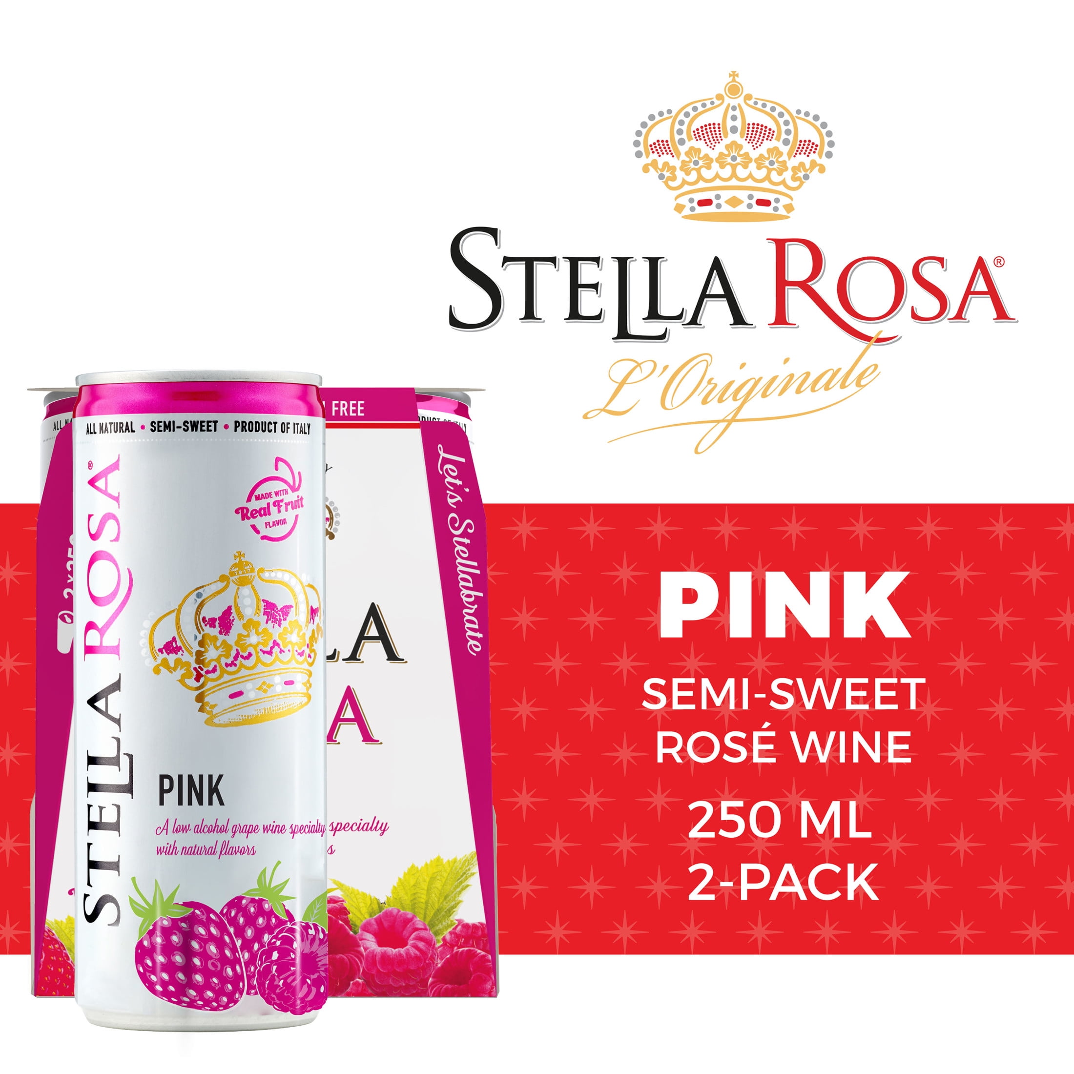 Stella Rosa Pink Semi-Sweet Rose Wine, 2 Pack, 250ml Aluminum Cans, Piedmont, Italy