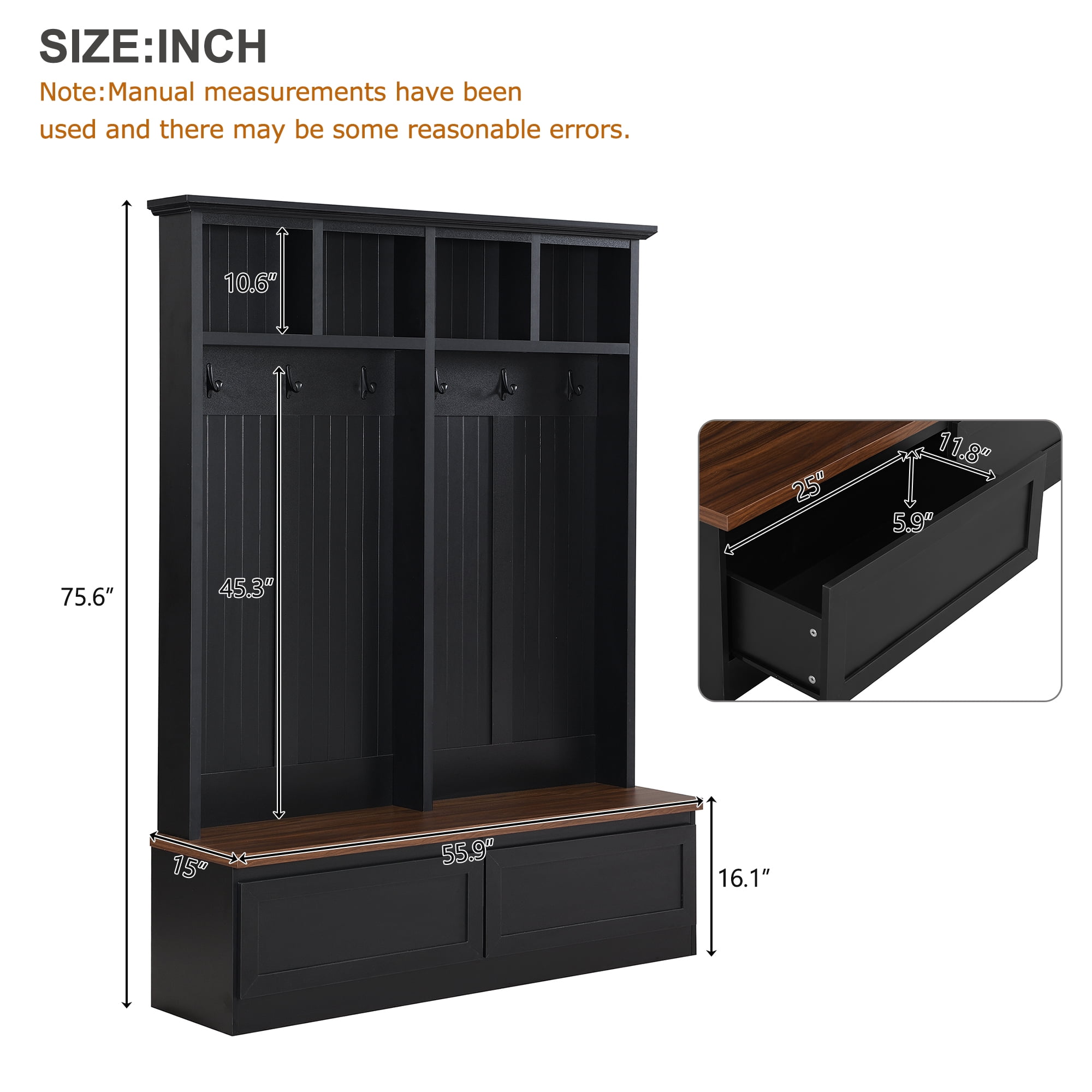 T-Foyer Farmhouse Black Hall Tree with 6 Hooks & Bench, Wooden Rustic Entryway Organizer with Open Storage & 2 Drawers