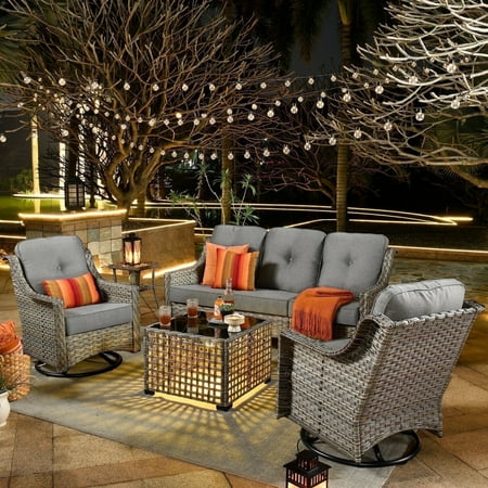 Ovios 5 Pieces Outdoor Patio Furniture Set High-Back Rattan Wicker Conversation Set Outdoor Sectional With Swivel Chairs &Amp; Solar Light Coffee Table, Dark Grey