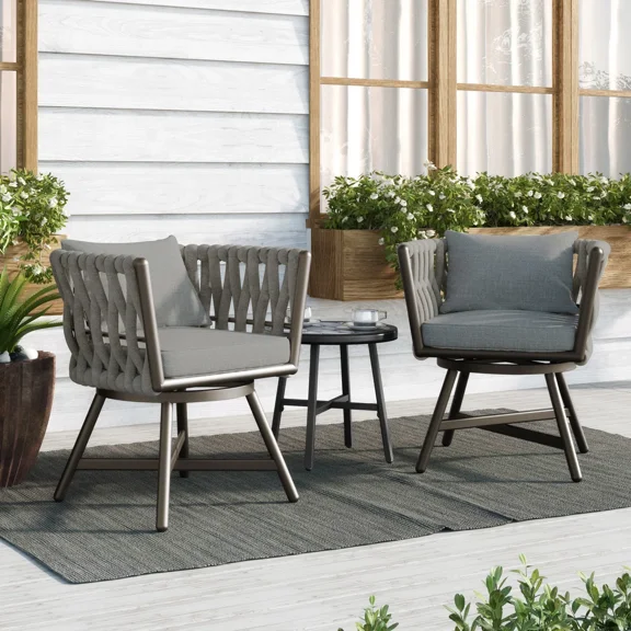 EVERITE 2-Piece Swivel Patio Dining Armchair, Full Metal Frame with Removable Cushions， Gray