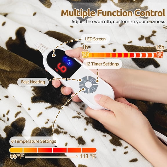 Brown Cow Print Heated Throw Blanket, Electric Blanket with 6 Heat Settings & 1-12H Timer, Cozy Soft Flannel Sherpa, Machine Washable, Warm Gift for Women, 50"x60"