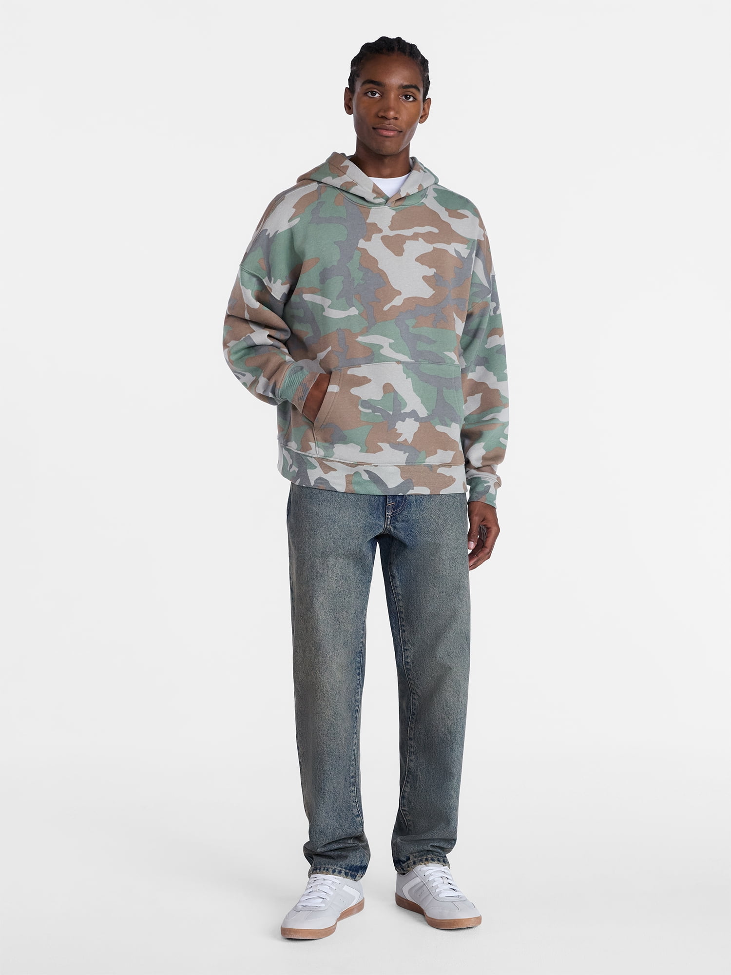 No Boundaries Boxy Fit Oversized Fleece Hoodie with Long Sleeves, Men's XS-4XLT
