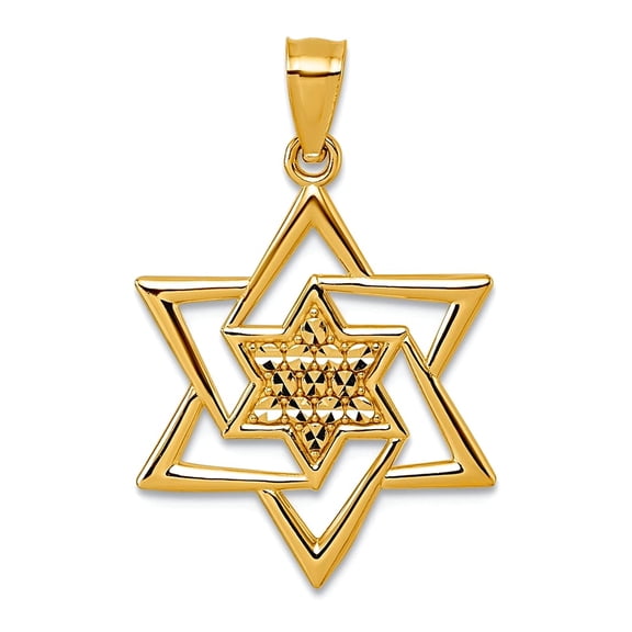 16.7mm 14k Solid Yellow Gold Polished and Sparkle-Cut Religious Judaica Star of David Religious Pendant Necklace Pendant