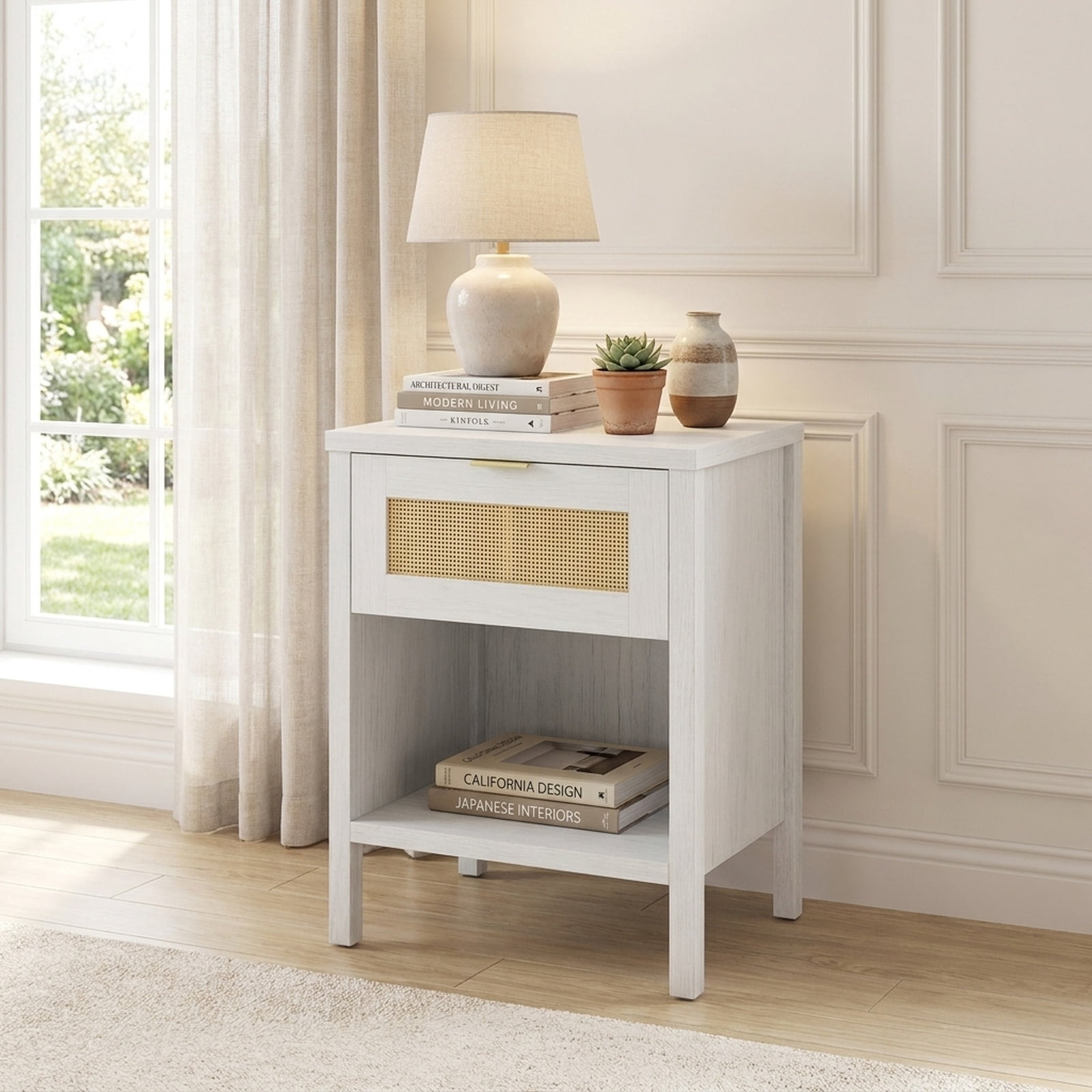 Furnibear Rattan Nightstand with Charging Station and Storage Shelf for Bedroom for Bedroom Living Room Bedside Sofa Side Small Space, White