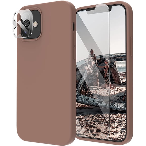 [5 in 1] Designed for iPhone 12 Case, for iPhone 12 Pro Case, with 2 Screen Protectors   2 Camera Lens Protectors, Shockproof Silicone Case with Microfiber Lining, Light Brown
