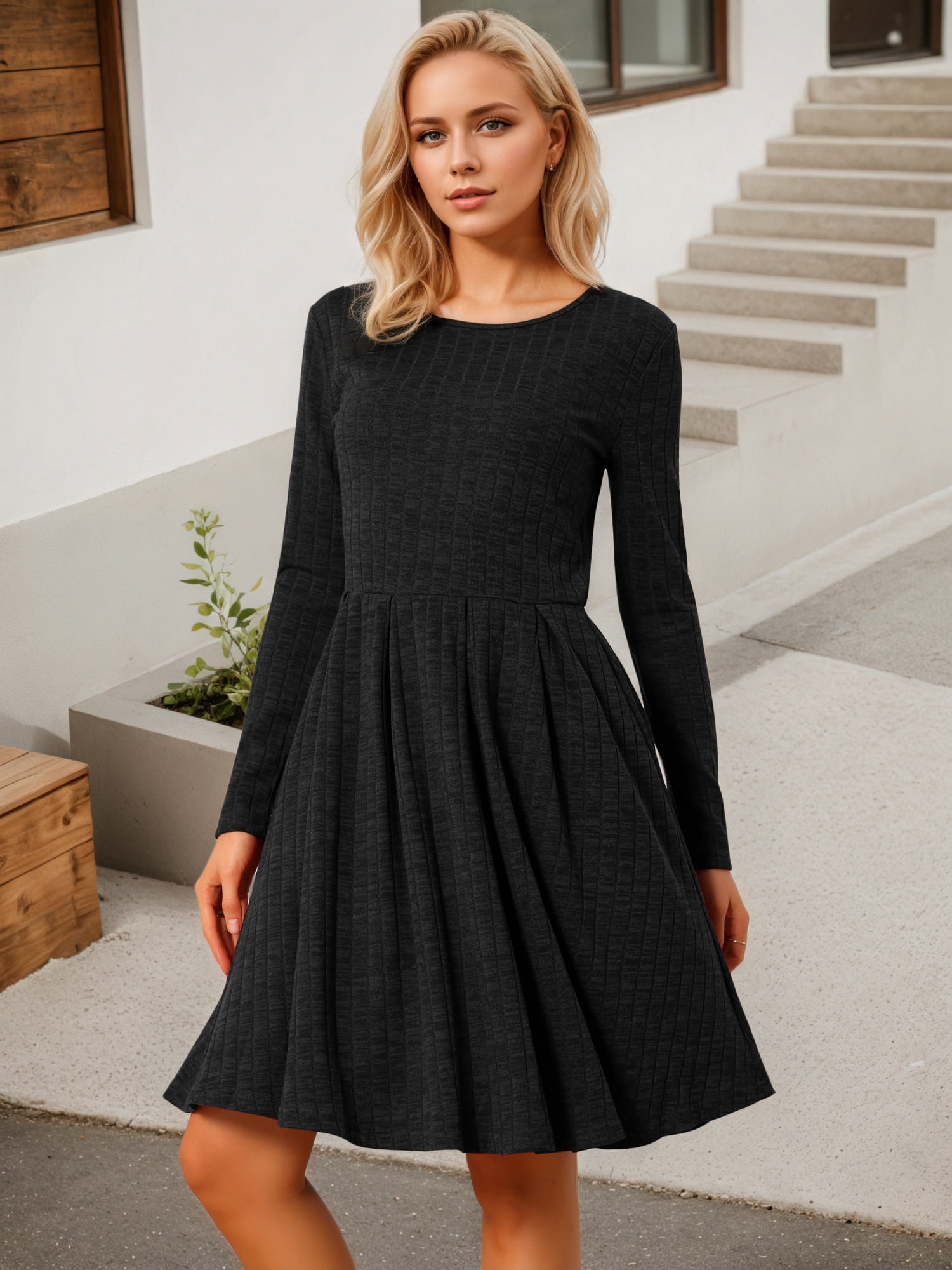 DARING DIVA Long Sleeve Round Neck A- Line Swing Knee Length Dress XL Black