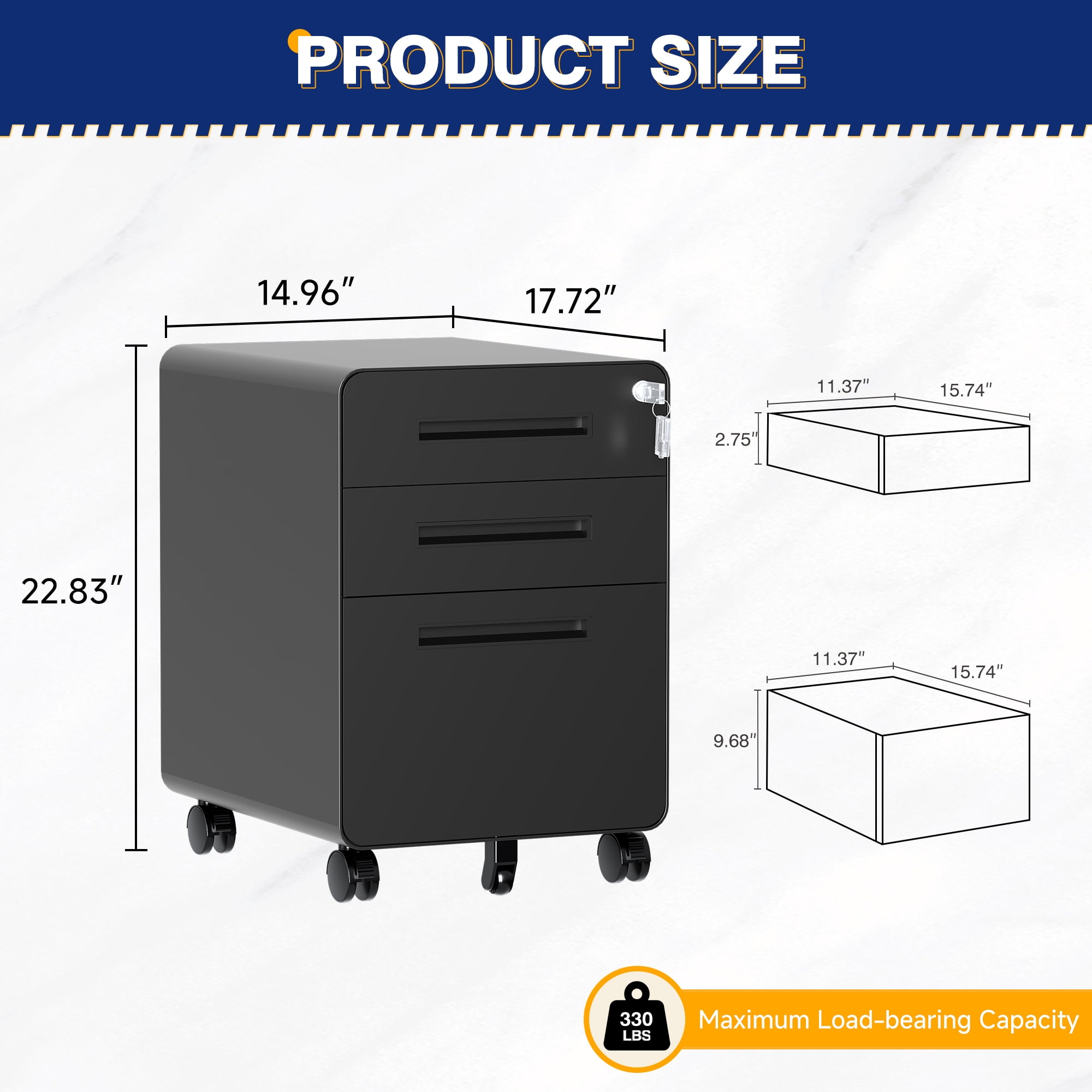 AUHUP 3 Drawer Mobile File Cabinet with Lock, Metal Filing Cabinet with Wheels for Legal/Letter/A4 File, Under Desk File Cabinets for Home Office,Black,Fully Assembled