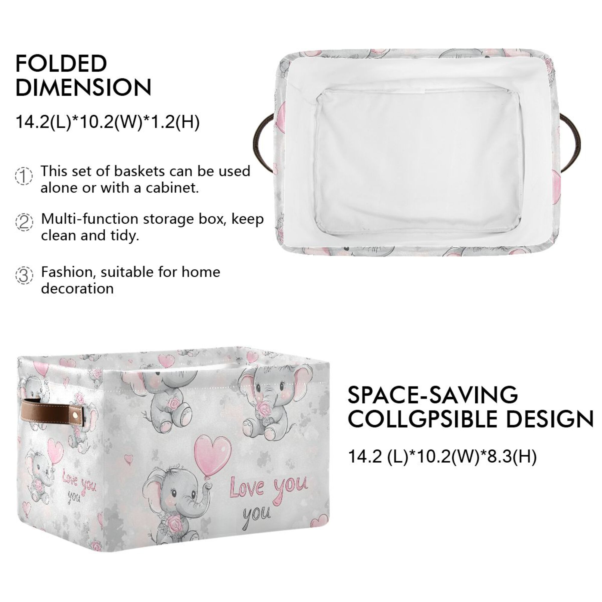 Yayeee Canvas Storage Basket with Handles for Shelves Fabric Bins Closet Organizer, Cartoon Elephant