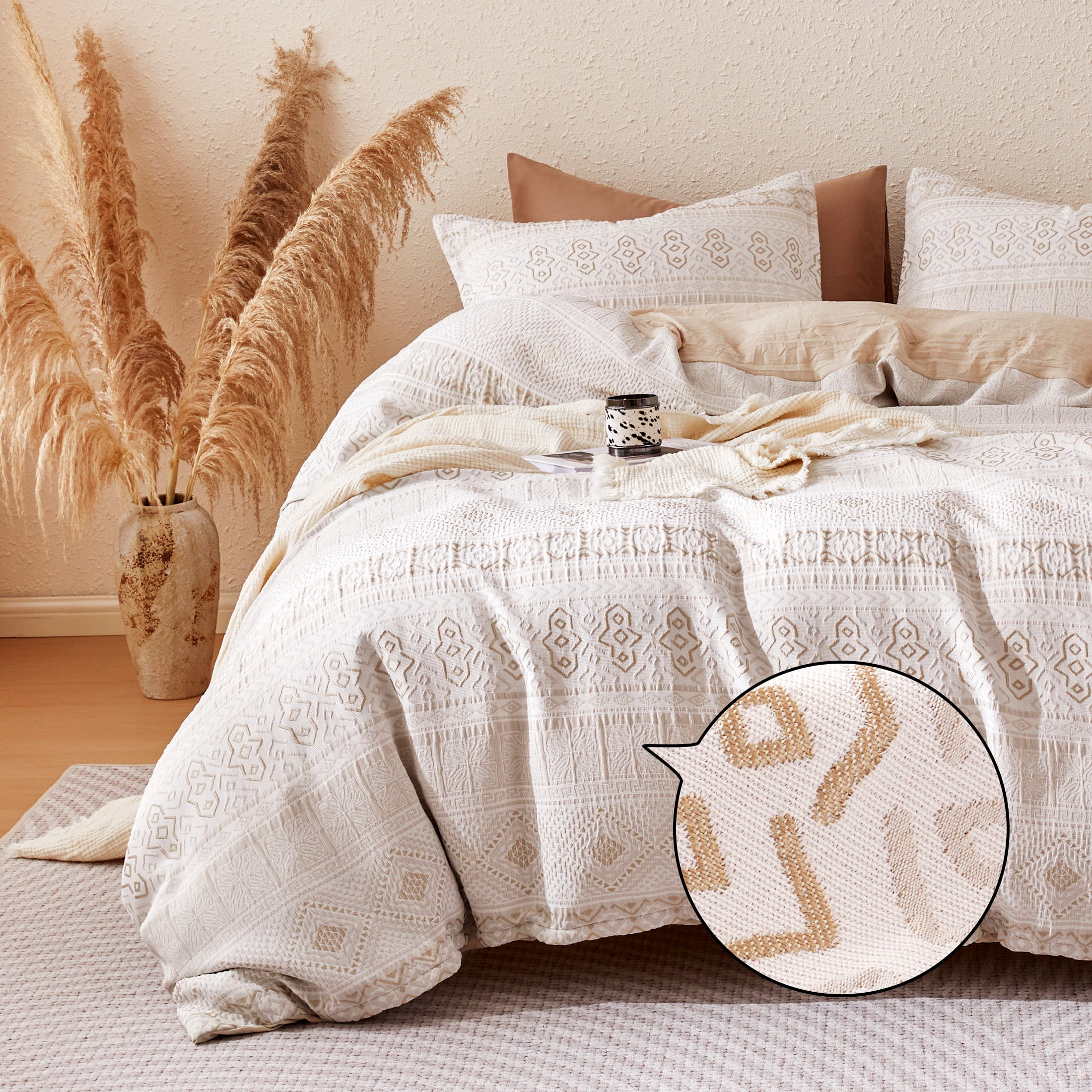 Sonive Boho Duvet Cover Set Modern Classic Beige Woven Jacquard Duvet Cover Set, Queen