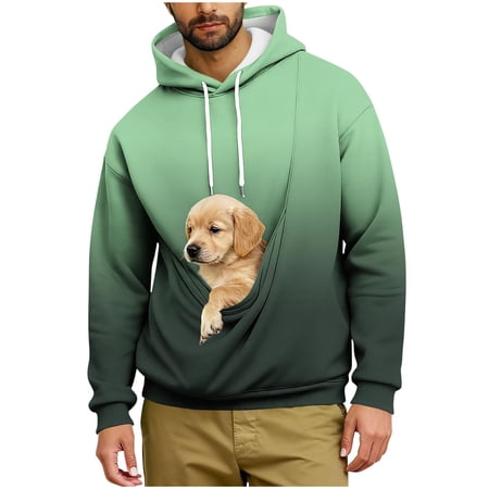 Lcziwo Pet Pocket Hoodies for Men Kangaroo Pocket Long Sleeve Pullover Oversized Casual Gradient Hooded Sweatshirt for Dog Cat Green M