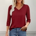 thumbnail image 2 of Women's V Neck 3/4 Sleeve Tops Floral Lace Patchwork Solid Color Casual Fashion Tshirts Blouses Spring Fall (L, Wine), 2 of 7