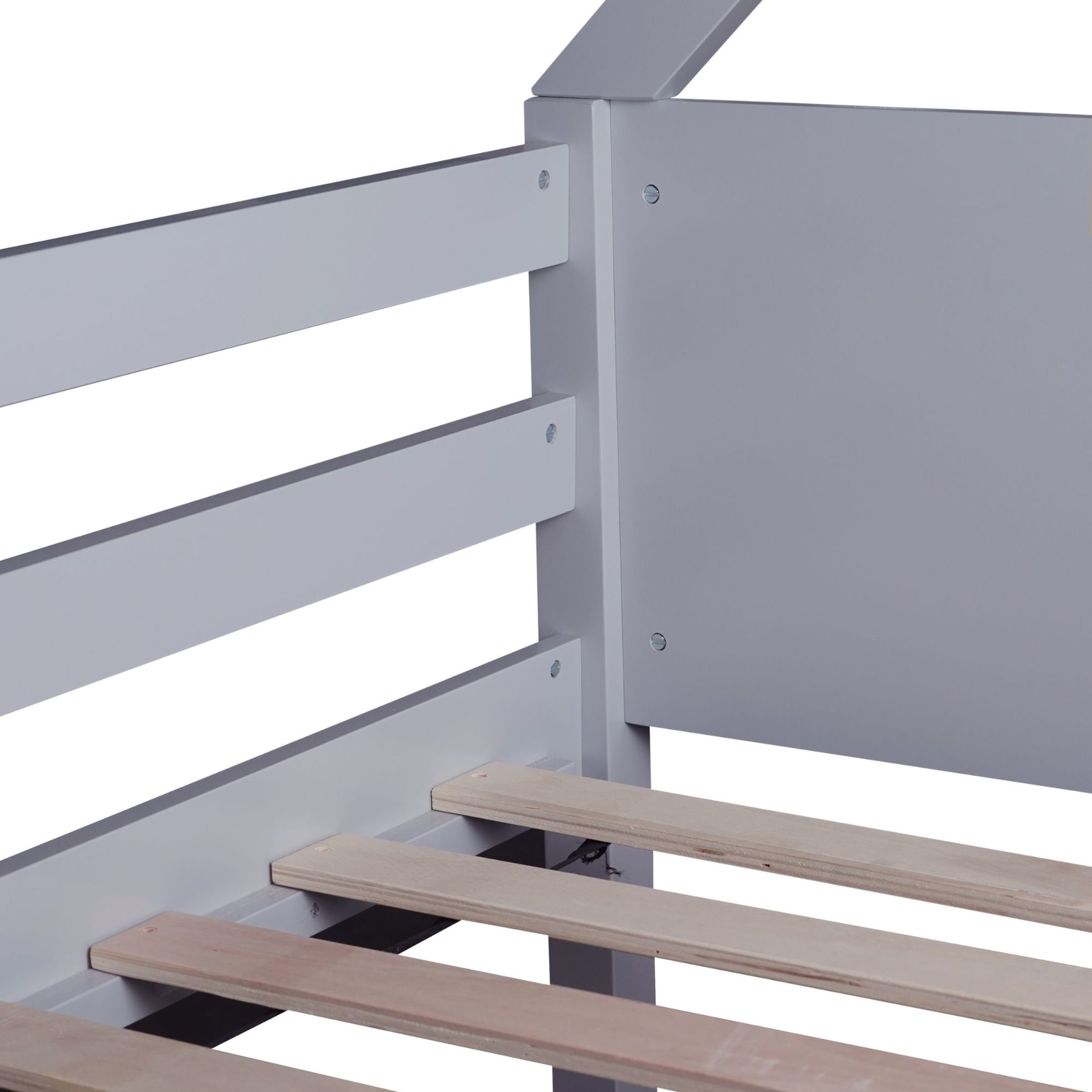 Noble House Twin Over Twin House Floor Bunk Bed, Rubber Wood Frame with Headboards, Guardrails & Ladder, Light Grey