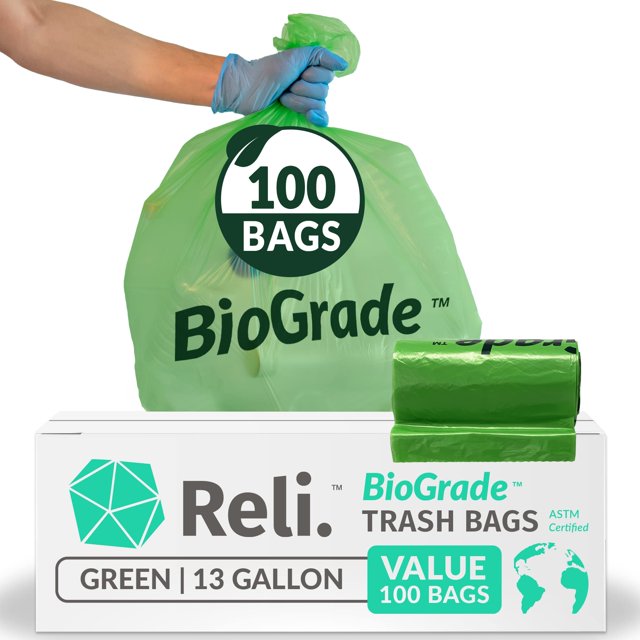 Bolsas de basura Reli. Biodegradables, 13 galones, 100 unidades, color verde