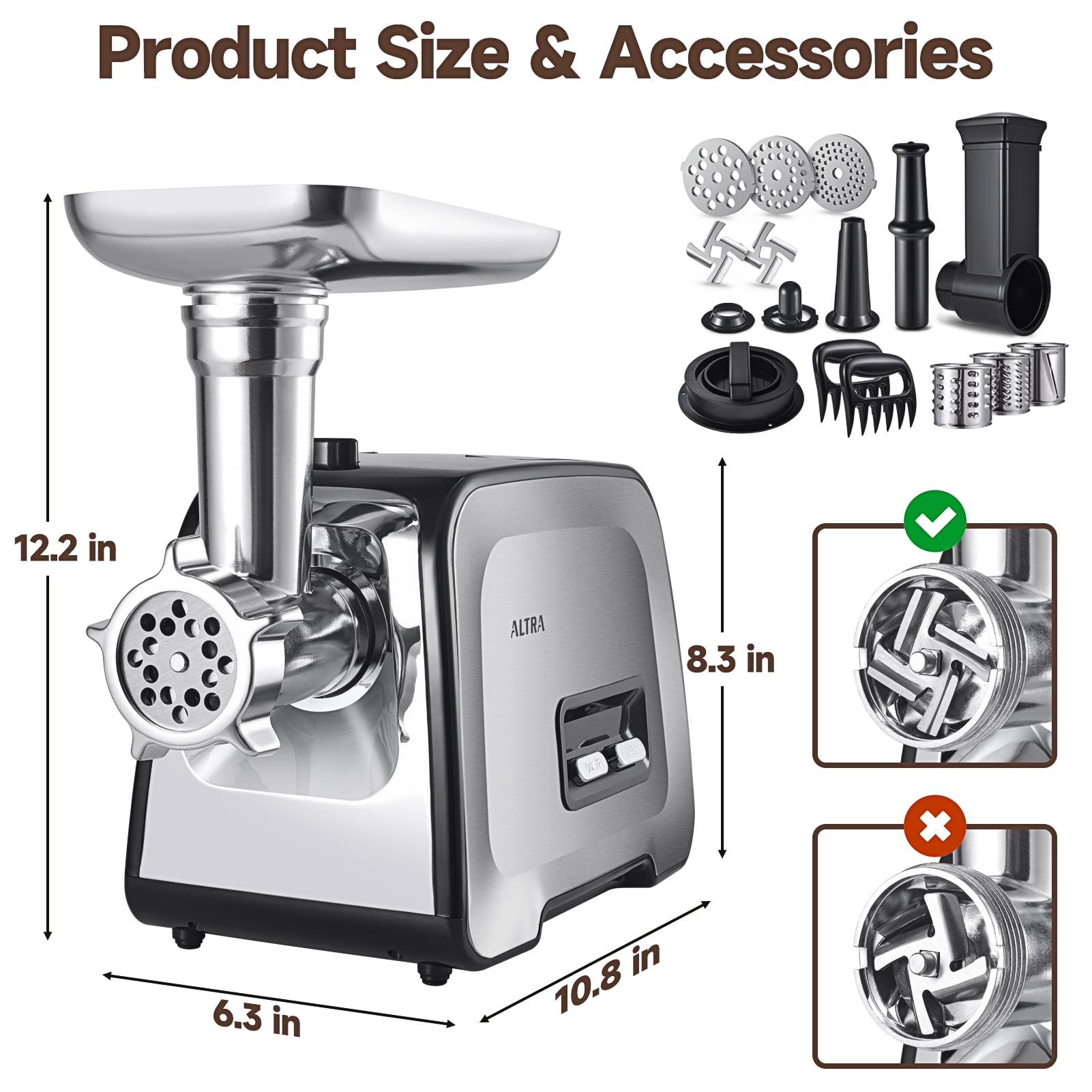 ALTRA LIFE Meat Grinder Electric, Sausage Maker, Meat Mincer with 2 Stainless Steel Blades & 3 Stainless Steel Grinding Plates, Sausage Stuffer & Kubbe Kit for Home Kitchen Use