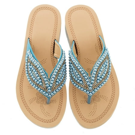 CHOII Clearance Women Ladies Crystal Comfortable Flip Flops Wedges Slipper Sandals Casual Shoes with Elastic Band Unique Wavy Line Sole Anti-slip Design Thong Sandals Black/8