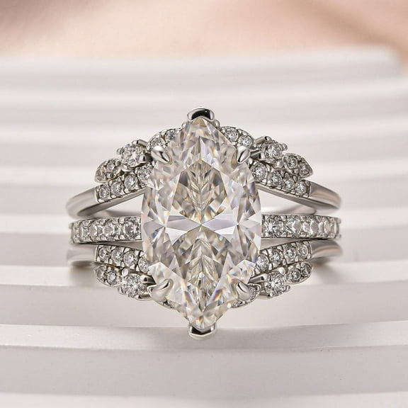 Eloya Jewel 2.7 Ct Marquise Cut Lab Created Diamond Bridal Ring Set – White Gold Plated Wedding Engagement Ring for Her – Chevron Enhancer Style with Solitaire Accents