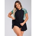 thumbnail image 3 of Sxiwei Woman Plus Size Swimwear Short Sleeve Zip Neck One Piece Swimdress Rash Guard Bathing Suits Black Leaves XXL, 3 of 7