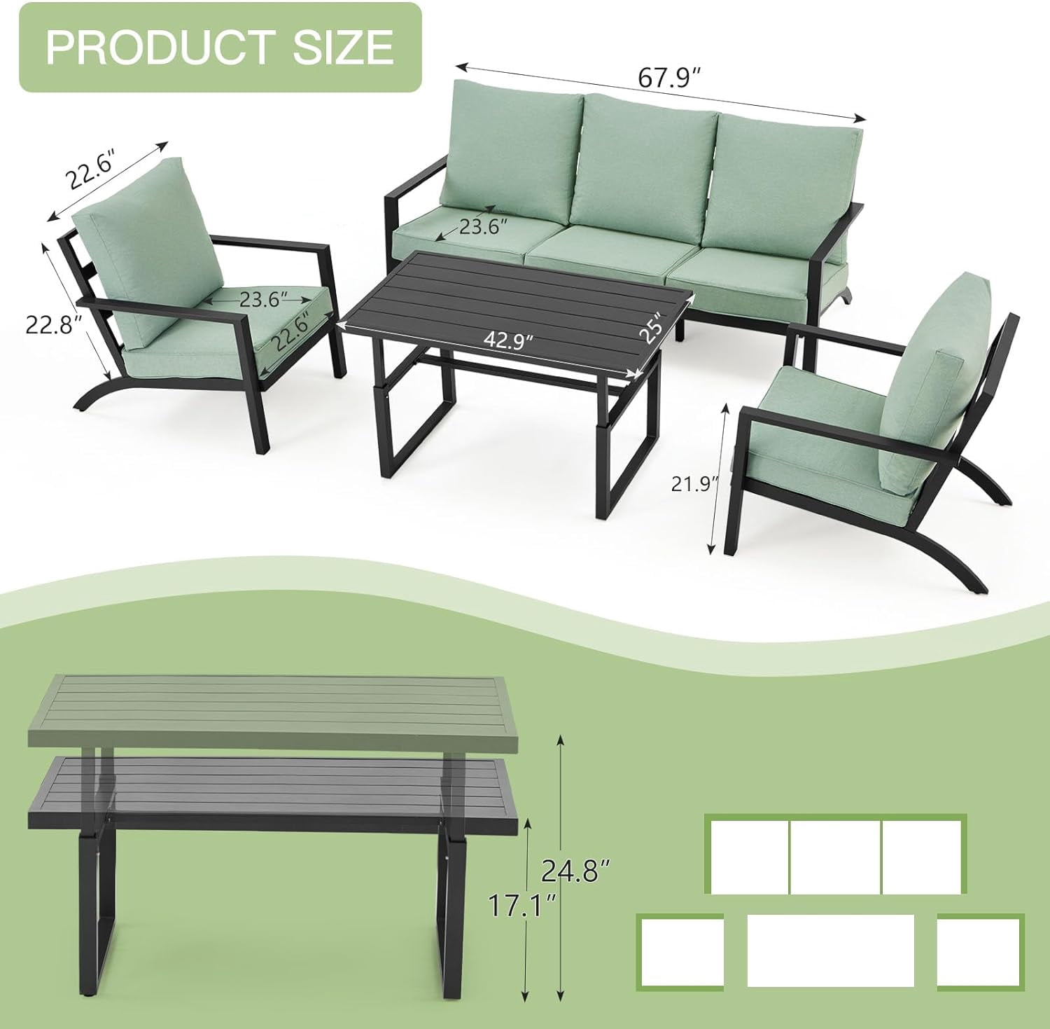 AECOJOY Aluminum Patio Furniture Set Modern Metal Outdoor Patio Furniture Clearance, Adirondack Patio Conversation Sets for Lawn, Backyard, and Deck Green with Green Cushions