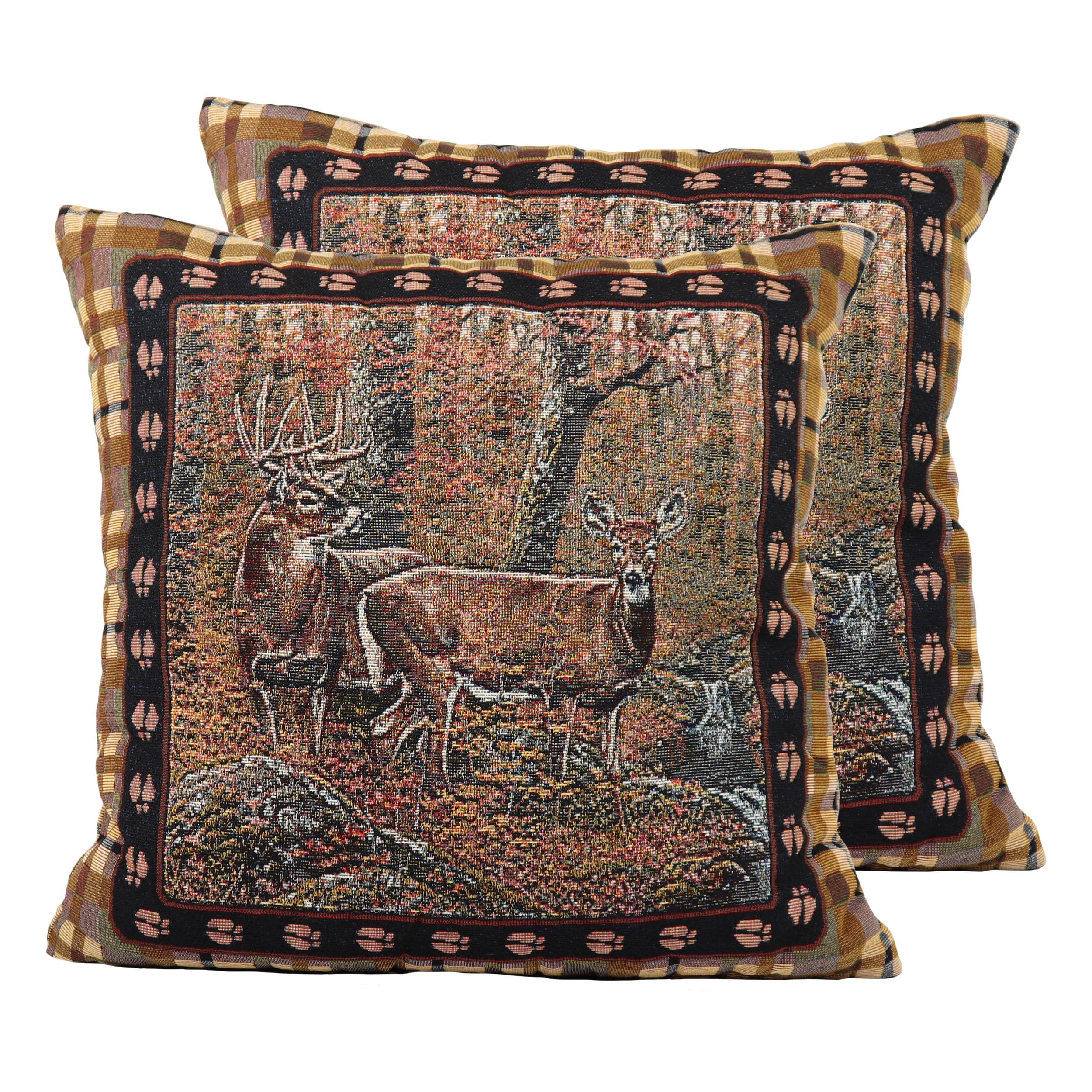 Deer Tapestry Throw Pillows, Pair with Removable Covers, 18 by 18 Inch Square
