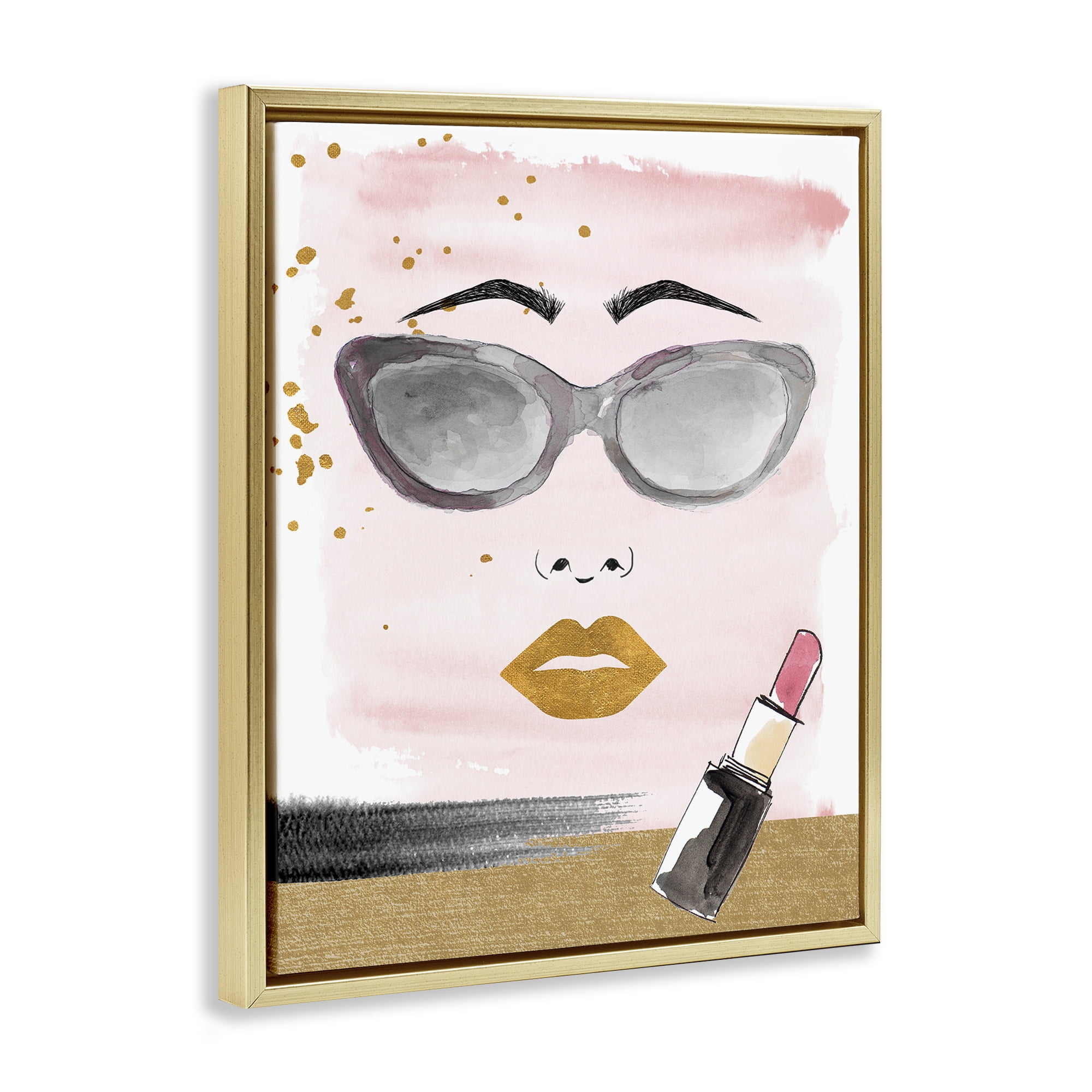 Stupell Industries Lipstick & Glam Face Novelty Painting Gold Floater Framed Art Print Wall Art, 17 x 21