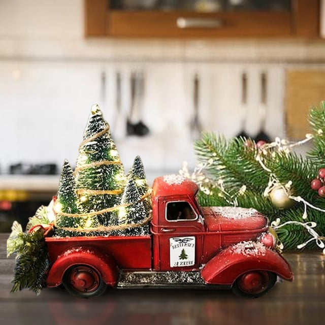 Camión rojo vintage con mini árbol de Navidad Luces LED decorativas para camión rojo navideño