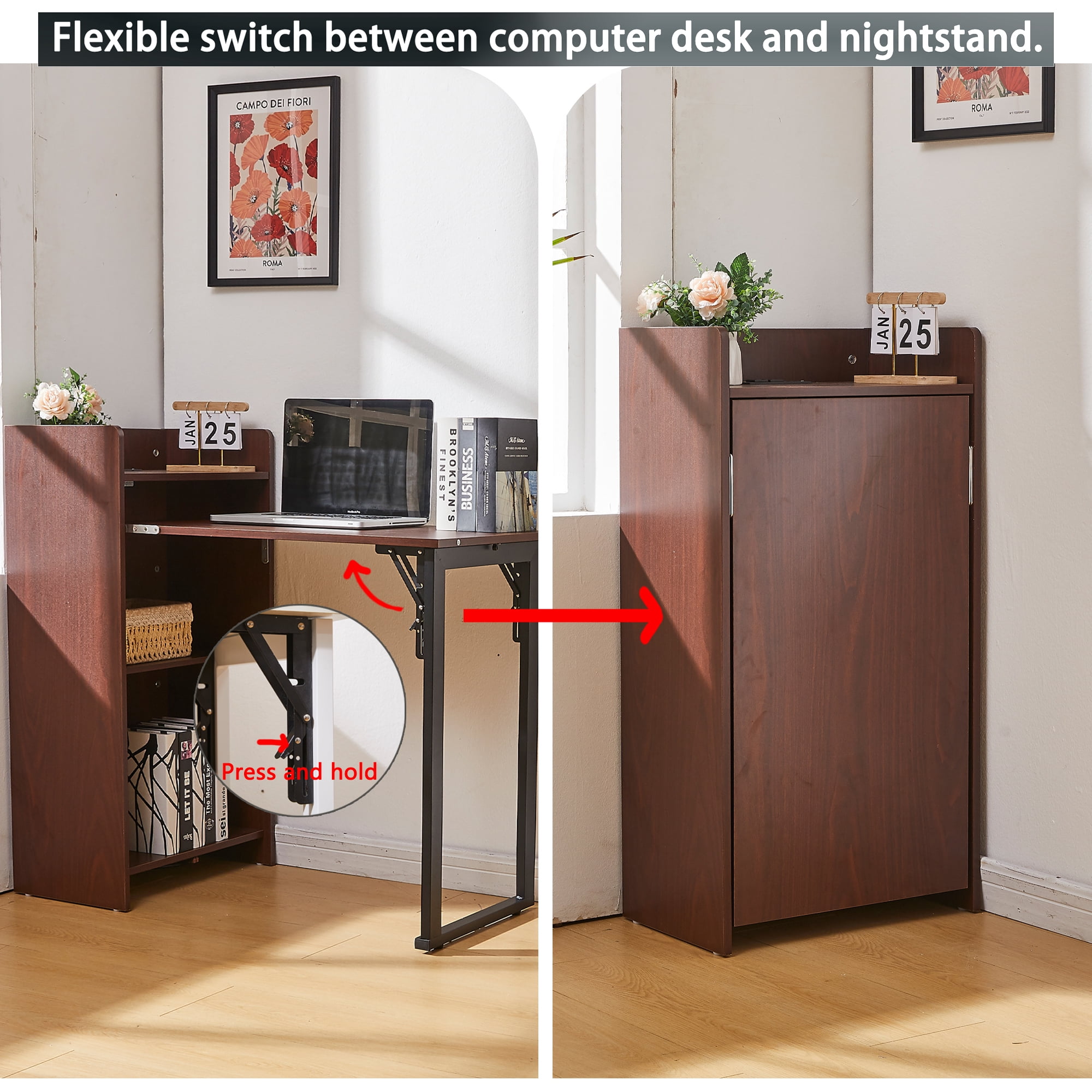 Haooyeah 37" Foldable Storage Desk with Charging Station, Space-Saving Desk with Raised Surface, Multi-functional Desk for Home Office, Bedroom, and Small Spaces