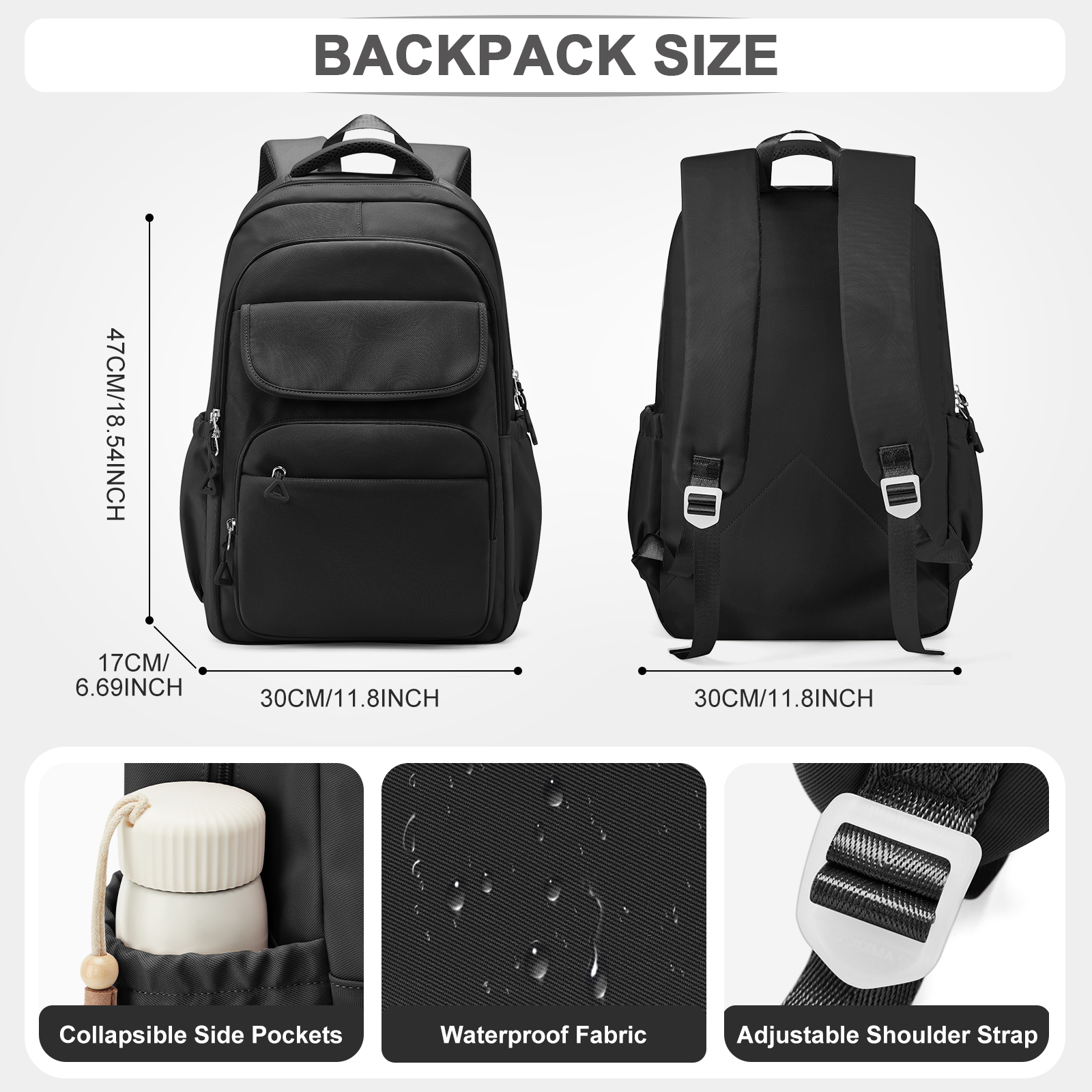 Cute Backpack for Women Men, Waterproof High School Bag Basic Backpack for College Students, Travel Laptop Backpack Lightweight Casual Daypack, Middle School Bookbag, Black