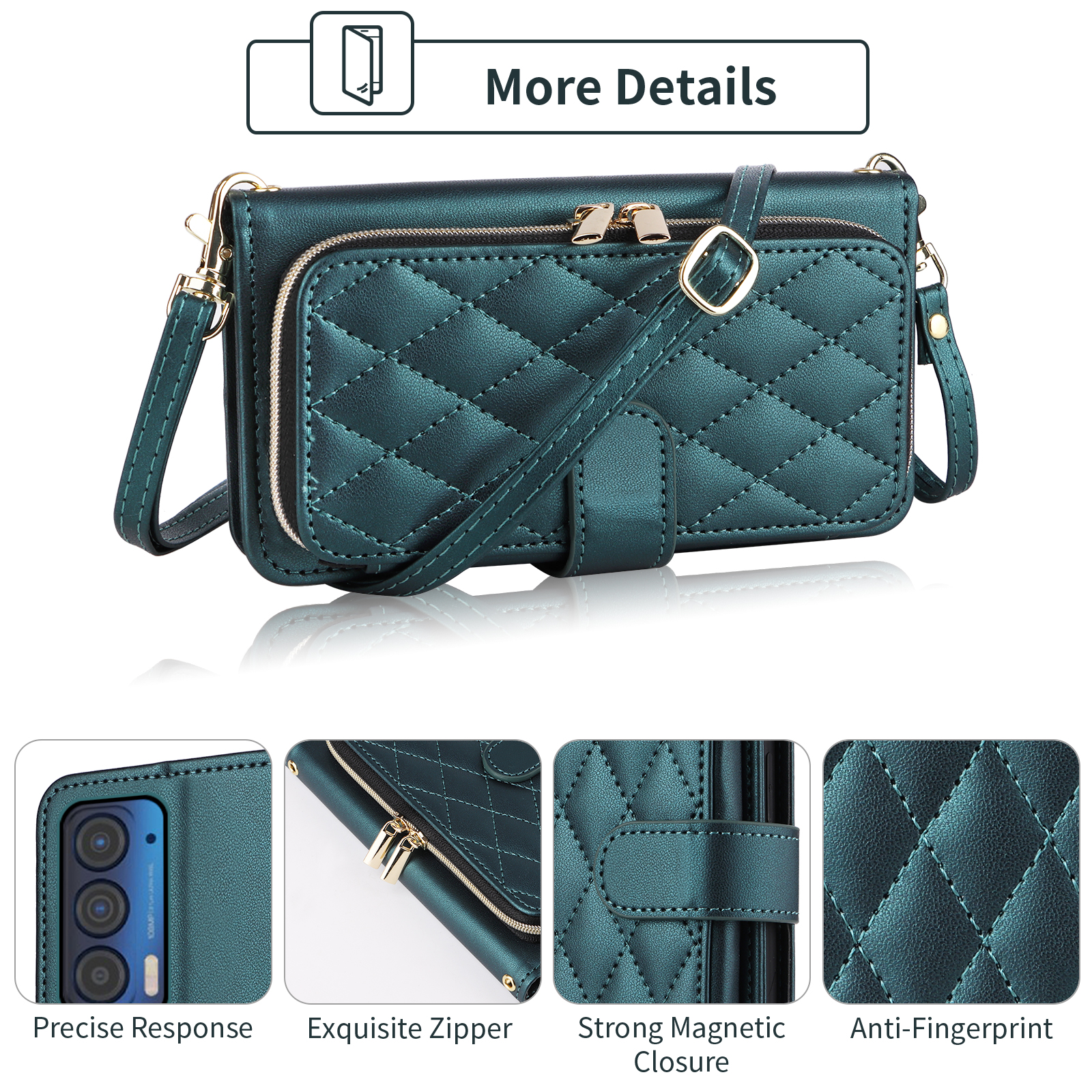 Furiet Argyle Wallet Case for Motorola Moto Edge 2021/MotoEdge 5G UW 2021 with Wrist/Shoulder Strap, Card Slots Zipper Purse Luxury PU Leather Stand Phone Cover for XT2141-1 Women Girls Green