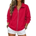thumbnail image 2 of Womens Fall Zip Up Sweatshirts No Hood Oversized Casual Classic Long Sleeve Collar Full Zipper Jackets with Pockets Red M, 2 of 7