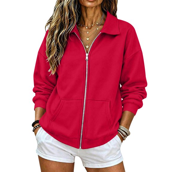 Lumtrix Womens Zip Up Sweatshirt No Hood 2026 Fall Winter Casual Loose Long Sleeve Collared Workout Jacket With Pockets Red L