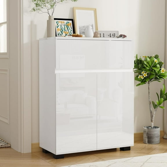 DIYART Modern High-Gloss Sideboard Cabinet, Stylish Buffet Cabinet with Drawer & Adjustable Shelf, Sleek Storage Cabinet for Dining Room, White