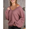 thumbnail image 2 of Doublju Womens Long Sleeve Ribbed V Neck Waffle Knit Sweater Top With Plus Size, 2 of 5