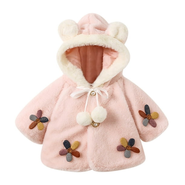 Abrigo De Invierno Para Niños Pequeños, Chaquetas De Abrigo Para Niñas, Color Sólido, Flores s De Felpa, Orejas De Conejo, Sudadera Con Capucha, Abrigo Grueso, Capa Rosa Odeerbi LM103-3773