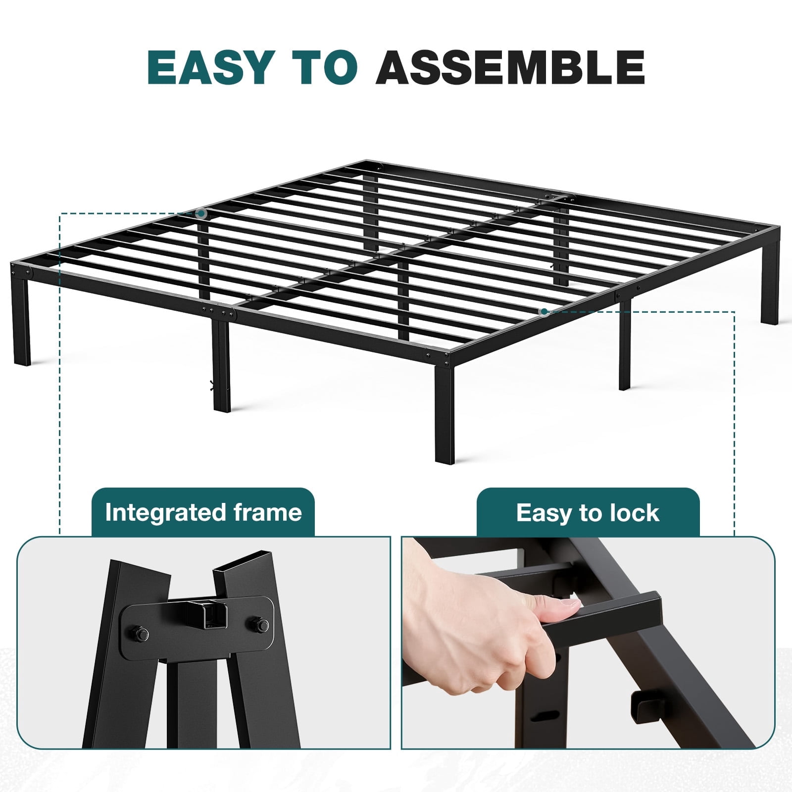 14 Inch King Size Metal Platform Bed Frame, Heavy Duty Steel Base with Underbed Storage Space, No Box Spring Needed, Sturdy Black Bed Frame for Bedroom