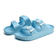 Outdoor indoor Women's Comfort Slides Double Buckle Adjustable Flat Sandals (Blue, 38)