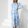 thumbnail image 4 of Vestido Estampado De Mujer Adorno De Volantes Suave Cuello Alto Cordón Lazo Cuello Dobladillo Largo Vestido Suelto Y Transpirable Azul XL, 4 of 7