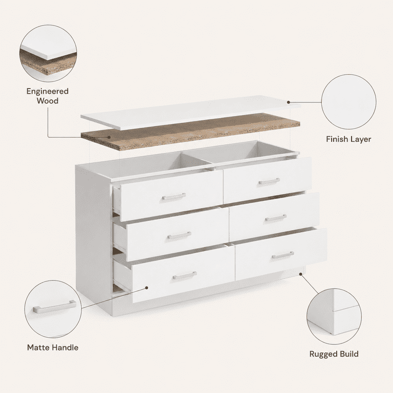 Lacoo 6 Drawer Dresser for Bedroom & Living Room, 47'' Double Dresser with Metal Handle, White