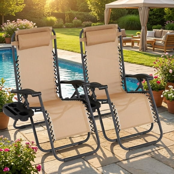 Set of 2 Folding Patio Lounge Chairs, Adjustable Reclining Chaise Loungers with Cup Holder Tray and Removable Headrest for Poolside, Beach and Backyard