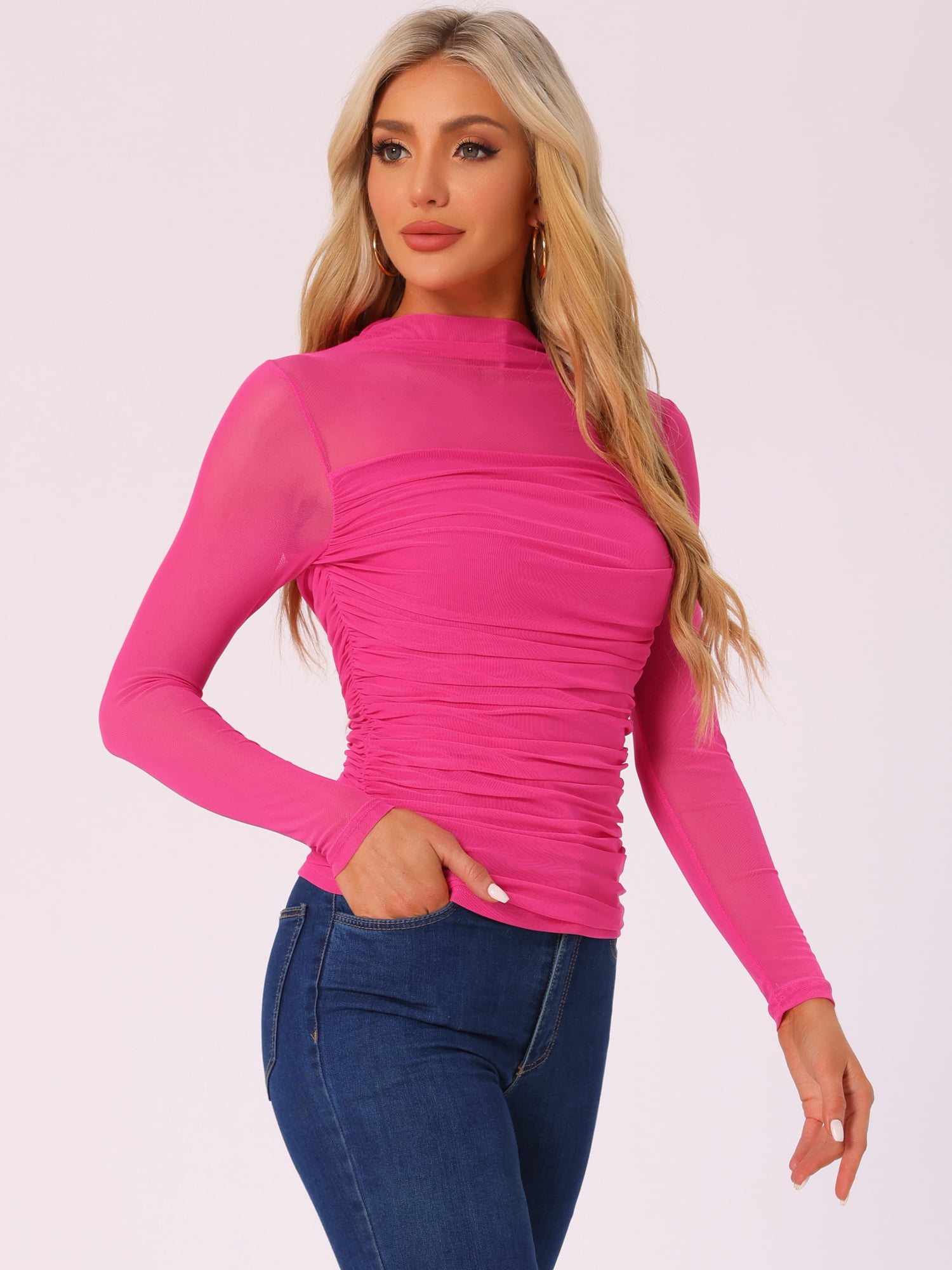 DARING DIVA Women's Sheer Panel with Side Shirring Mesh Top XS Hot Pink
